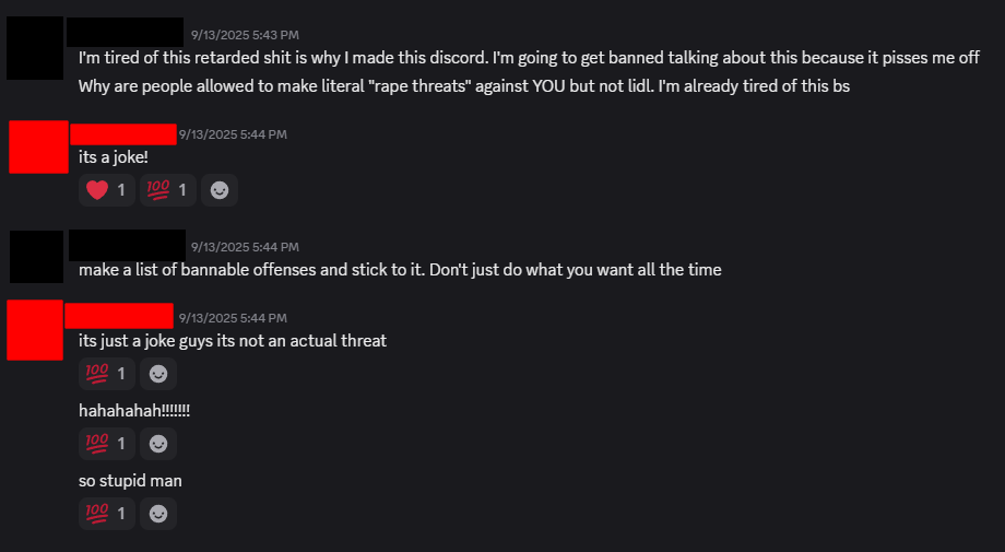 Discord message showing rape threats